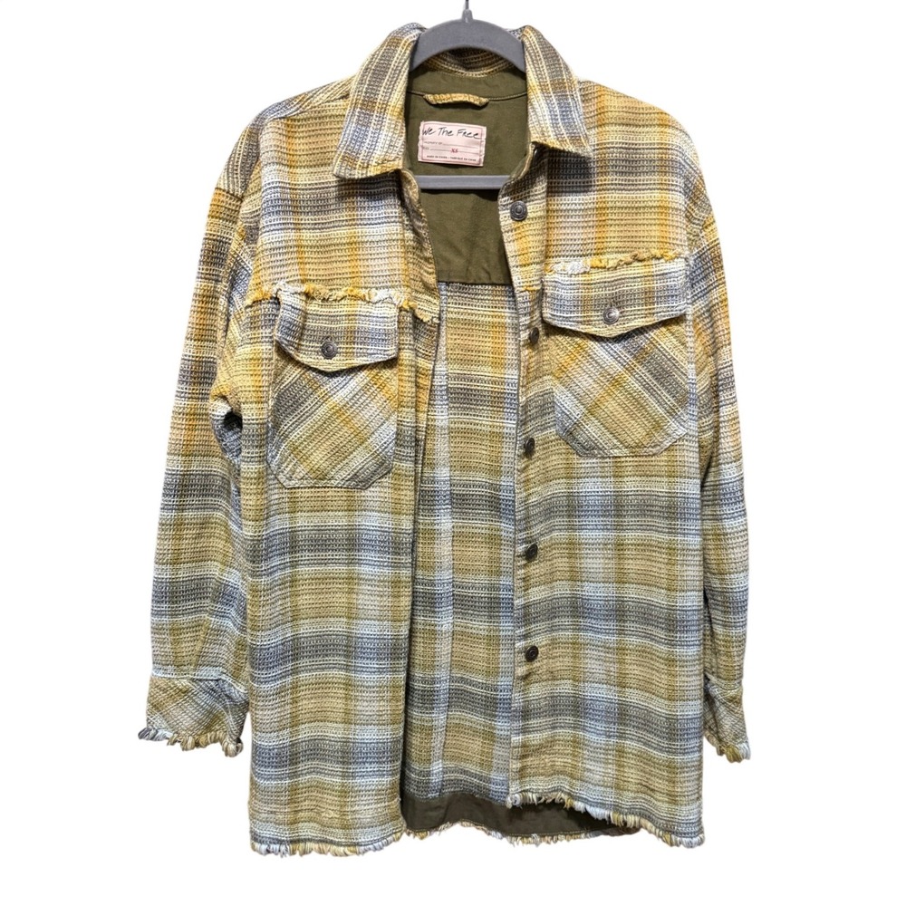 Free People Shacket We The Free Plaid Waffle Knit XS Yellow Excellent Frayed Hem